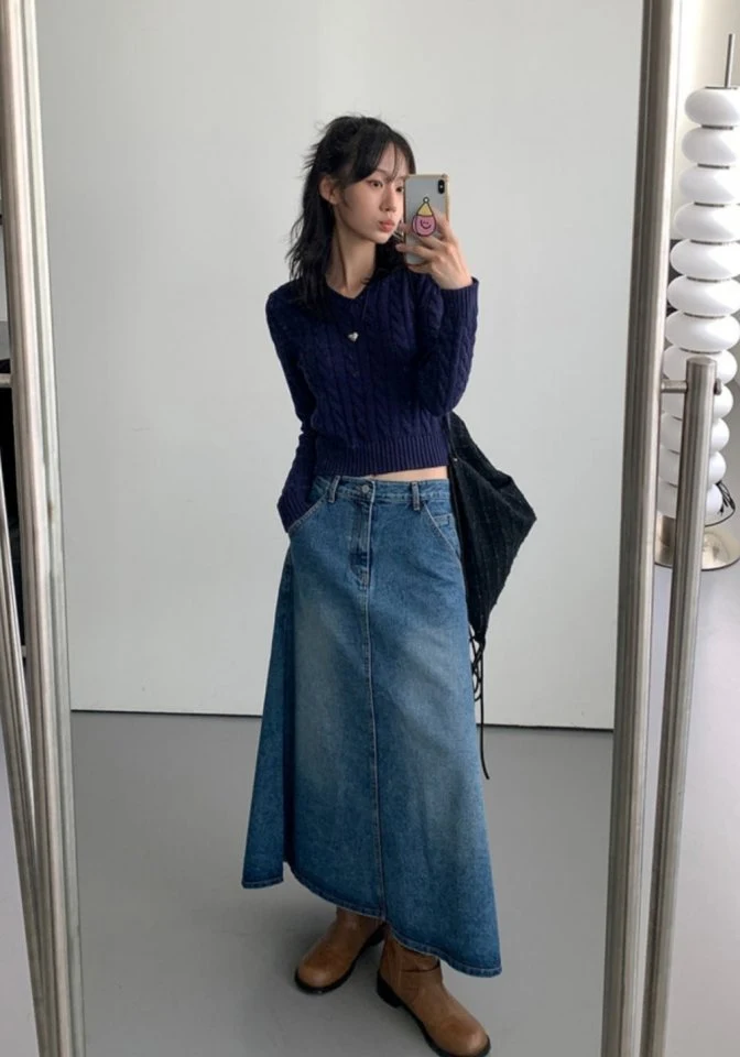 I'm here - Korean Women Fashion - #thelittlethings - Flare Denim Long Skirt - 5