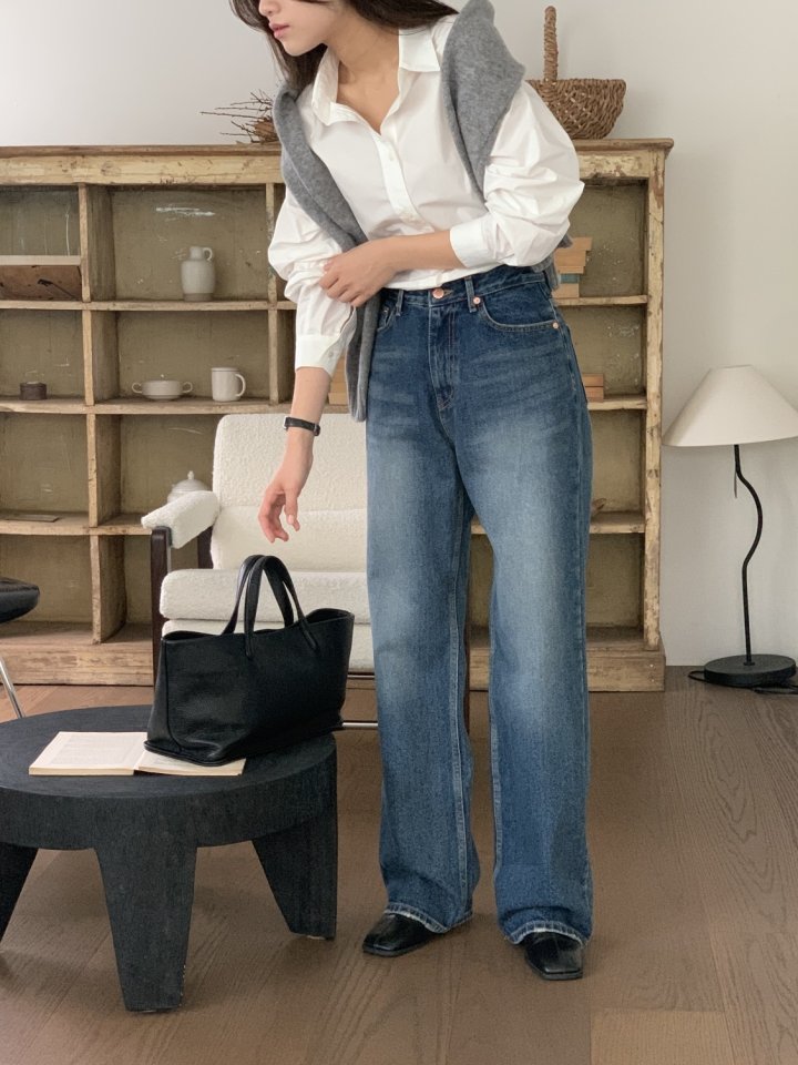 I'm here - Korean Women Fashion - #vintageinspired - Dark Blue Cat Brush Vintage Denim Pants - 5