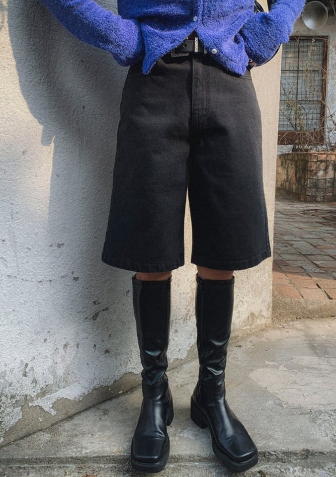 I'm here - Korean Women Fashion - #vintagekidsstyle - Black Washed Bermuda Denim Pants - 7