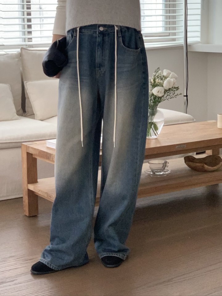 I'm here - Korean Women Fashion - #womensfashion - String Wide Denim Pants - 11