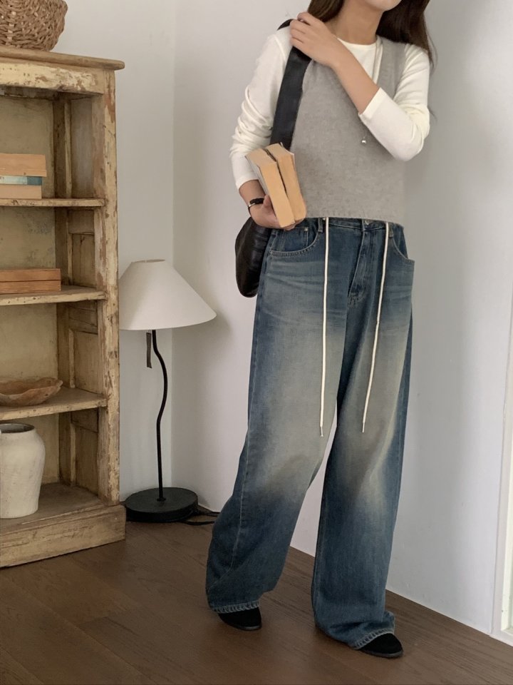 I'm here - Korean Women Fashion - #womensfashion - String Wide Denim Pants - 9