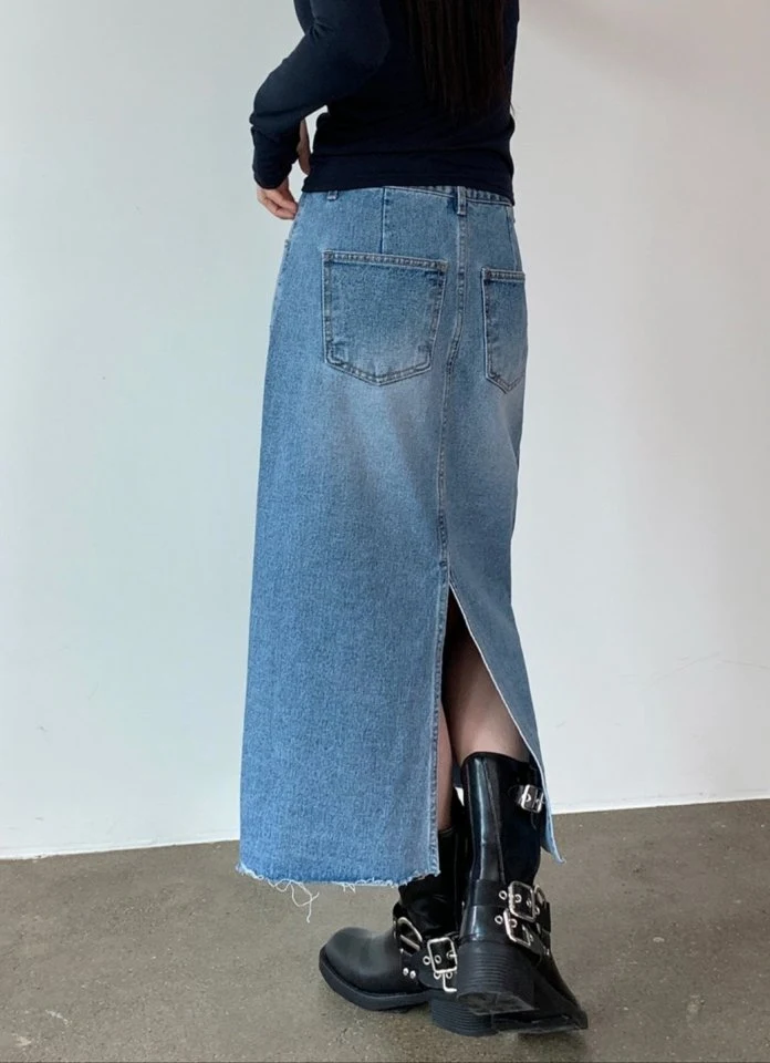 I'm here - Korean Women Fashion - #womensfashion - Cut Slit Denim Long Skirt - 6