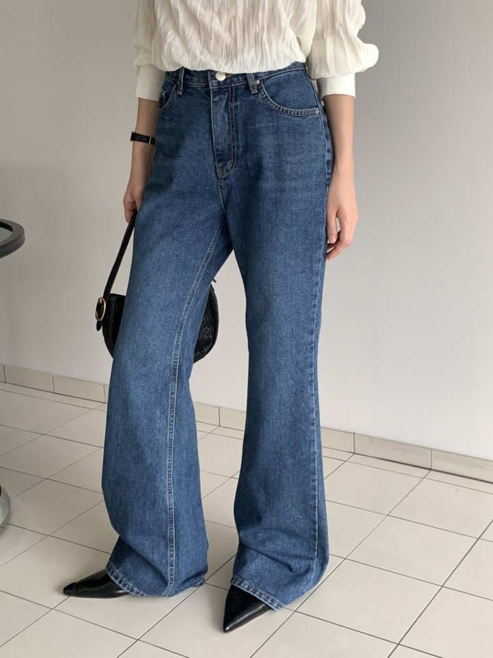 I'm here - Korean Women Fashion - #momslook - Blue Bootcut Wide Denim Pants - 4