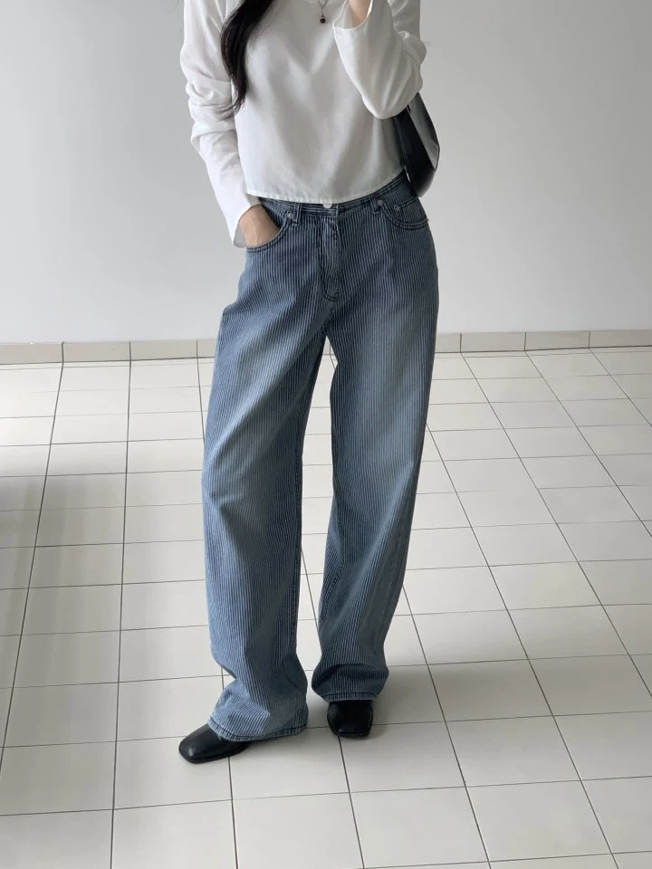 I'm here - Korean Women Fashion - #womensfashion - Wide Stripe Denim Pants - 3