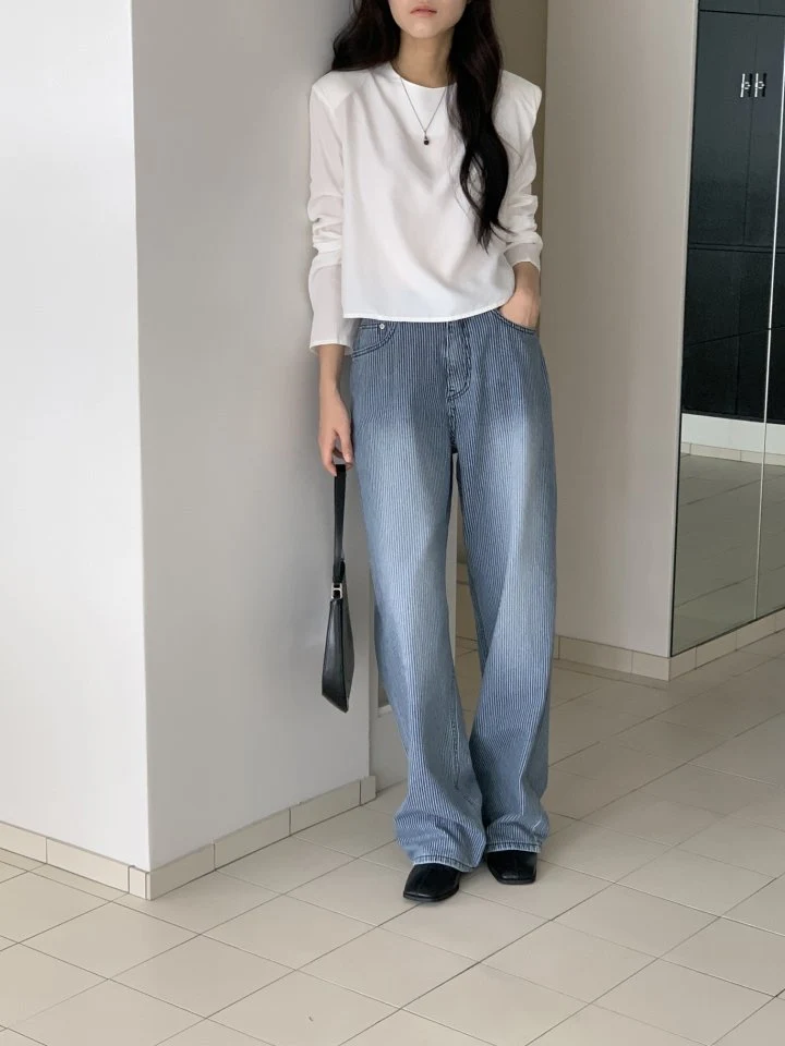 I'm here - Korean Women Fashion - #womensfashion - Wide Stripe Denim Pants - 5