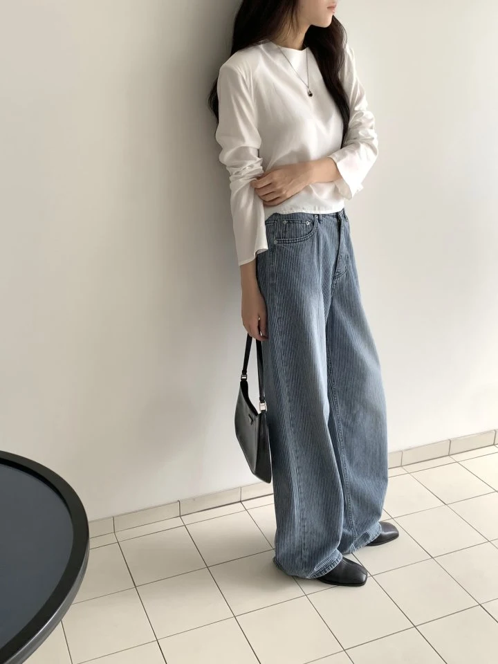 I'm here - Korean Women Fashion - #womensfashion - Wide Stripe Denim Pants - 9