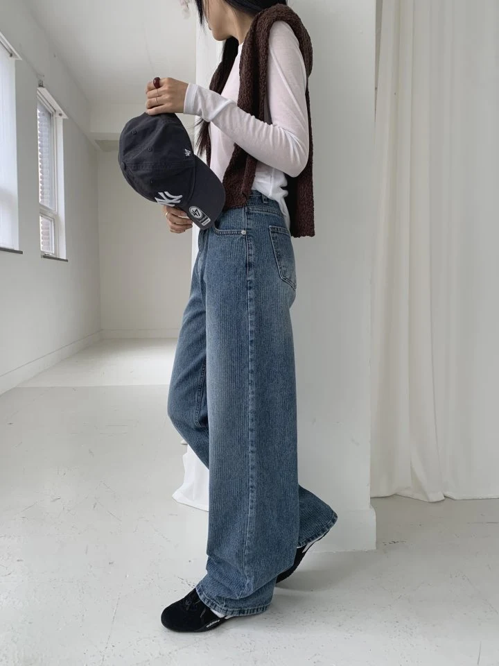 I'm here - Korean Women Fashion - #womensfashion - Ribbed Stripe Wide Denim Pants - 3