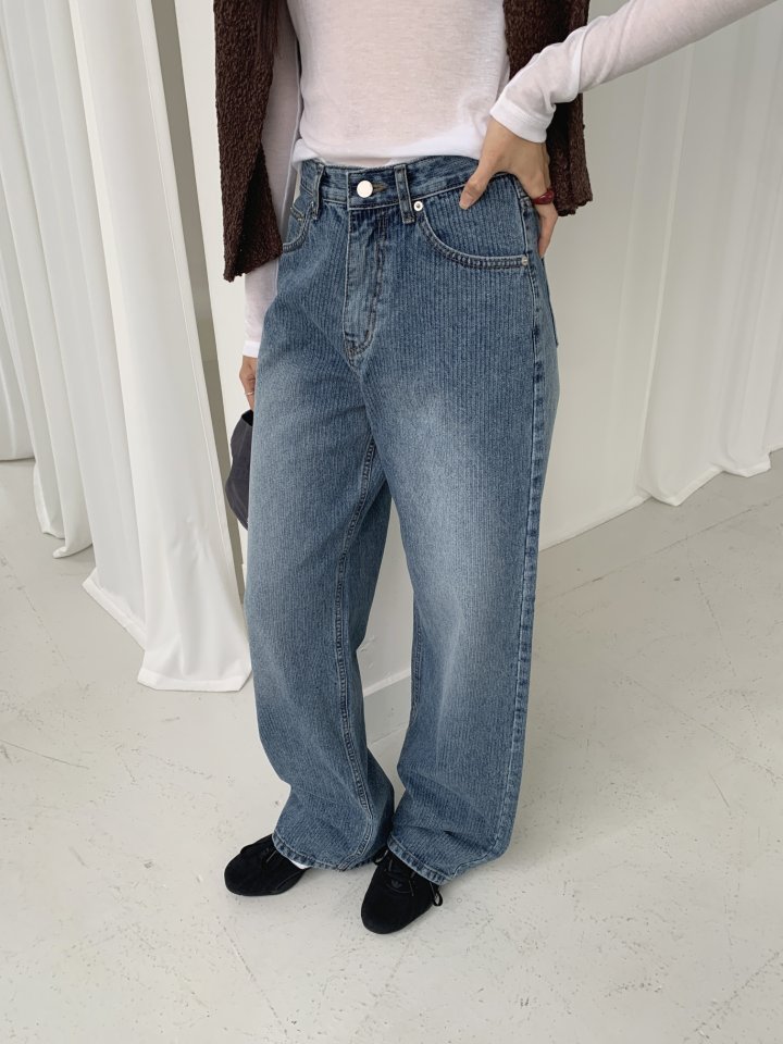 I'm here - Korean Women Fashion - #womensfashion - Ribbed Stripe Wide Denim Pants - 5