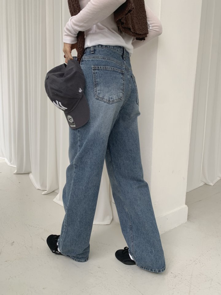 I'm here - Korean Women Fashion - #womensfashion - Ribbed Stripe Wide Denim Pants - 7