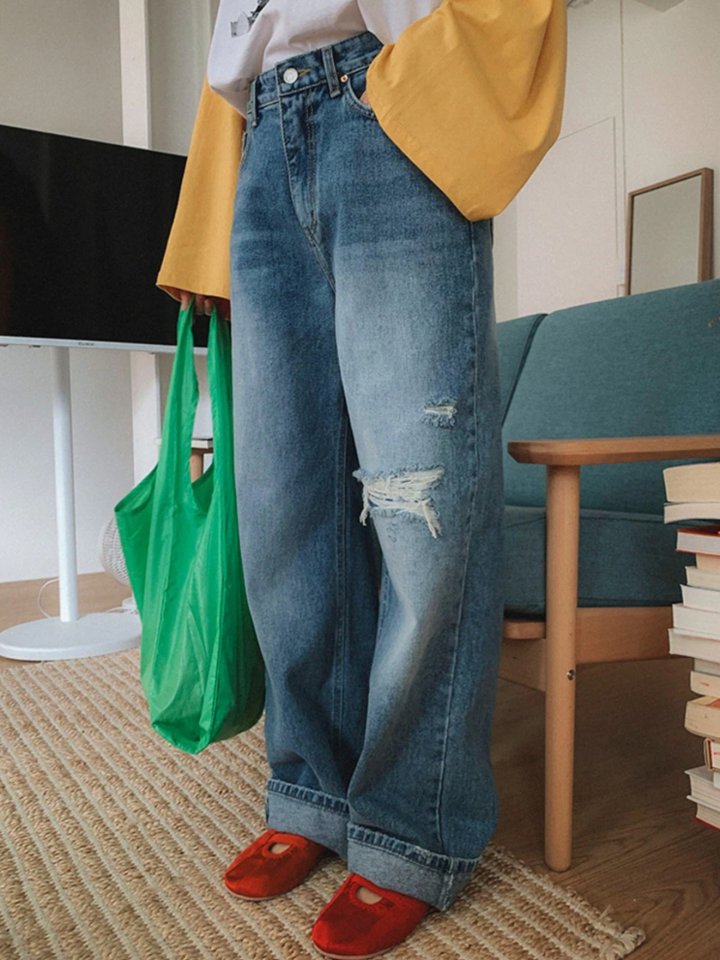 I'm here - Korean Women Fashion - #womensfashion - Vintage Patched Wide Denim Pants - 8