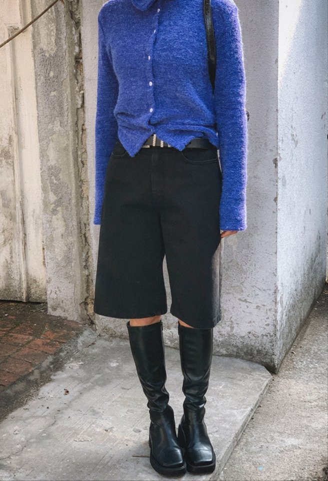I'm here - Korean Women Fashion - #womensfashion - Black Washed Bermuda Denim Pants