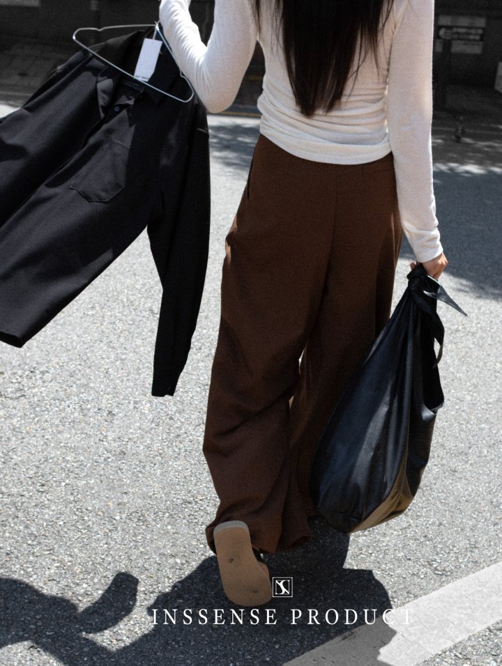 Inssense - Korean Women Fashion - #momslook - Slim Waist Wool Pleated Wide Trousers - 3
