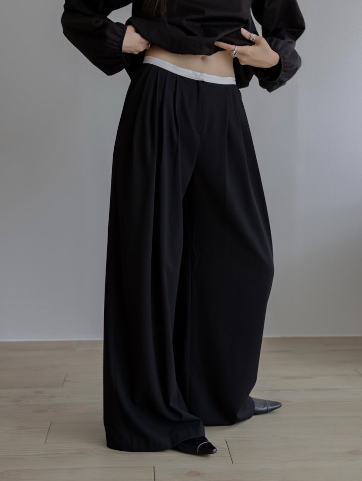 Inssense - Korean Women Fashion - #momslook - Slim Waist Wool Pleated Wide Trousers