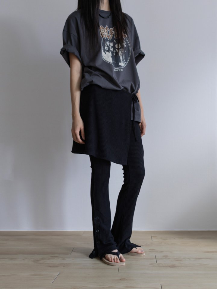 Inssense - Korean Women Fashion - #momslook - Wrap Layered Slim Fit Rib Banding Button Flared Trousers