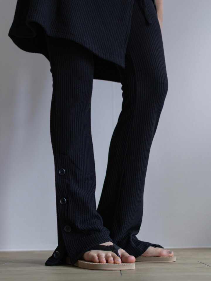 Inssense - Korean Women Fashion - #momslook - Wrap Layered Slim Fit Rib Banding Button Flared Trousers - 5