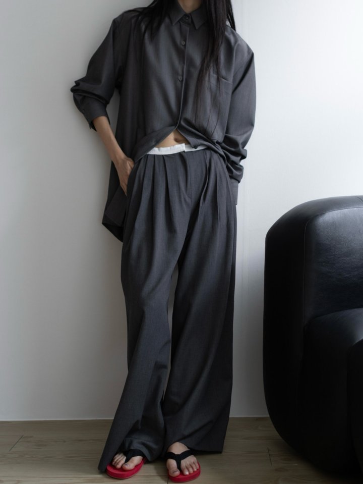 Inssense - Korean Women Fashion - #momslook - Slim Waist Wool Pleated Wide Trousers - 6