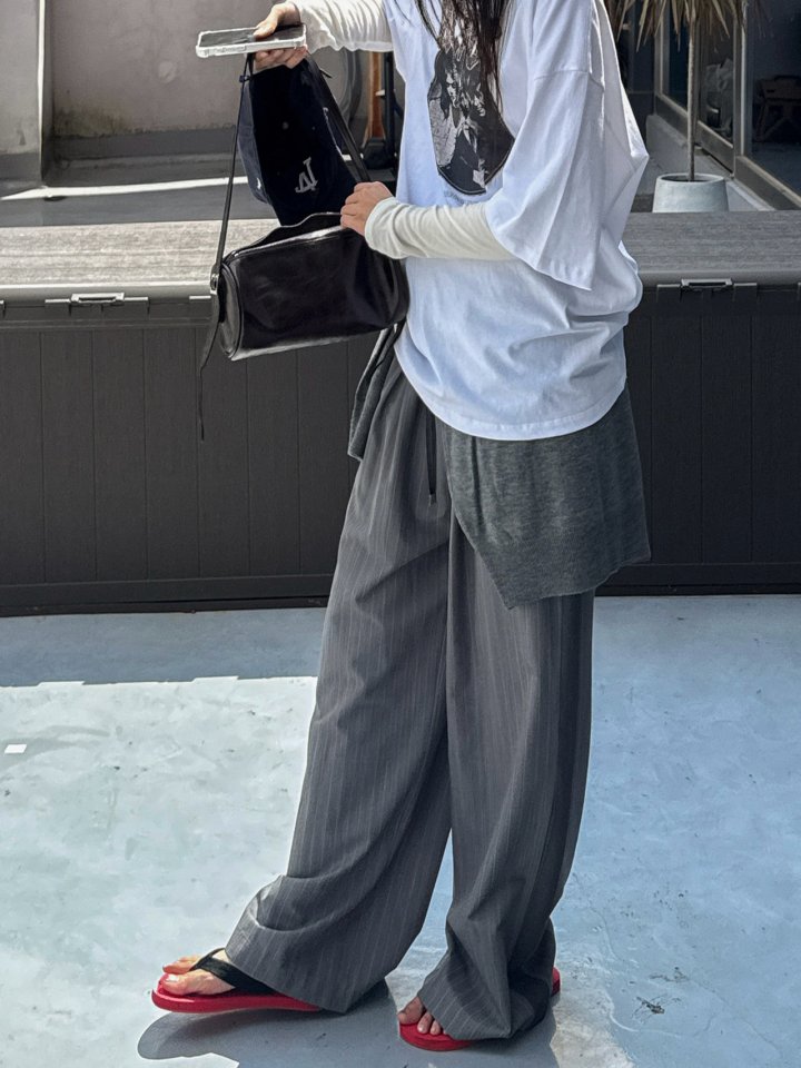 Inssense - Korean Women Fashion - #momslook - Contrast Panel Stripe Wide Pants