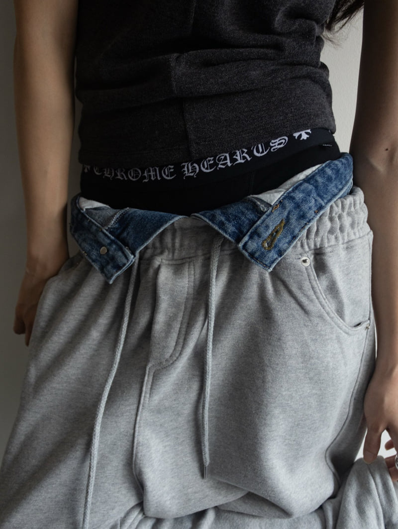 Inssense - Korean Women Fashion - #womensfashion - Denim Waist Layered Sweat Pants - 4