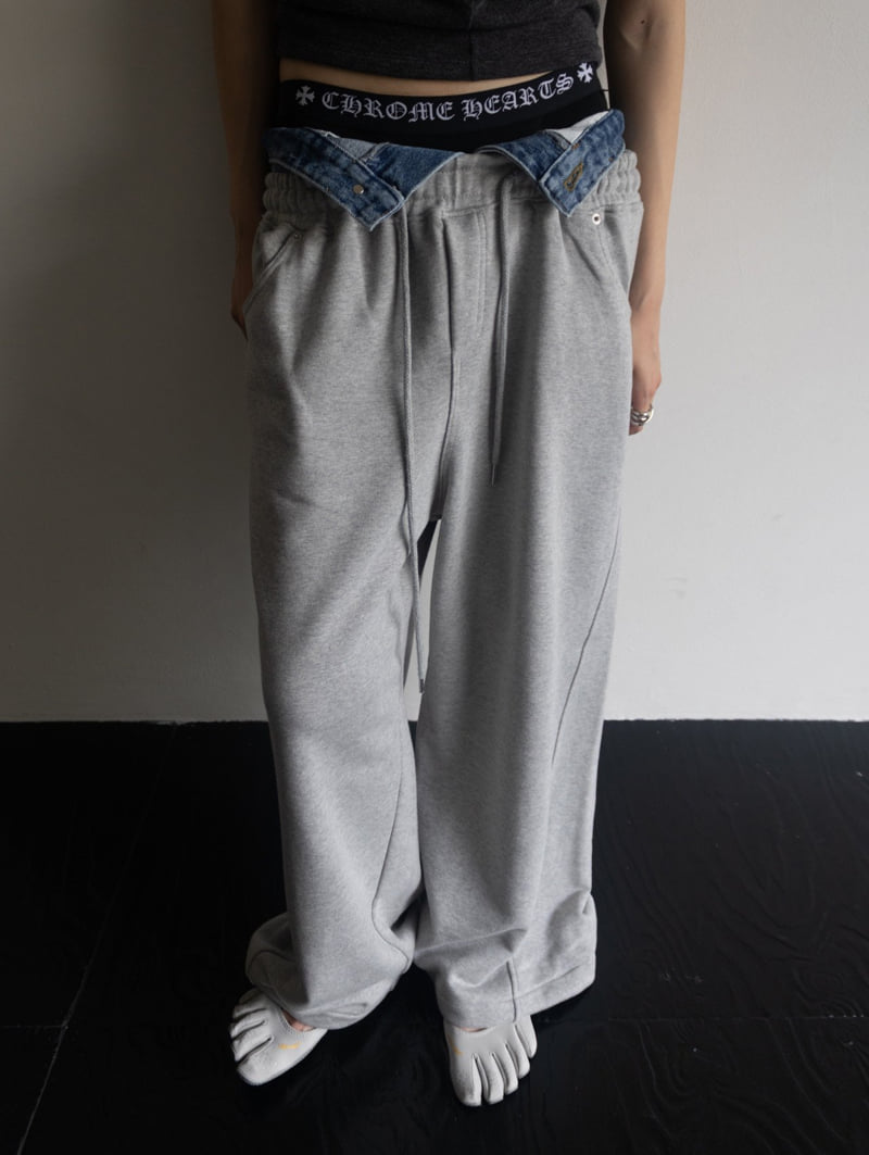Inssense - Korean Women Fashion - #momslook - Denim Waist Layered Sweat Pants - 9