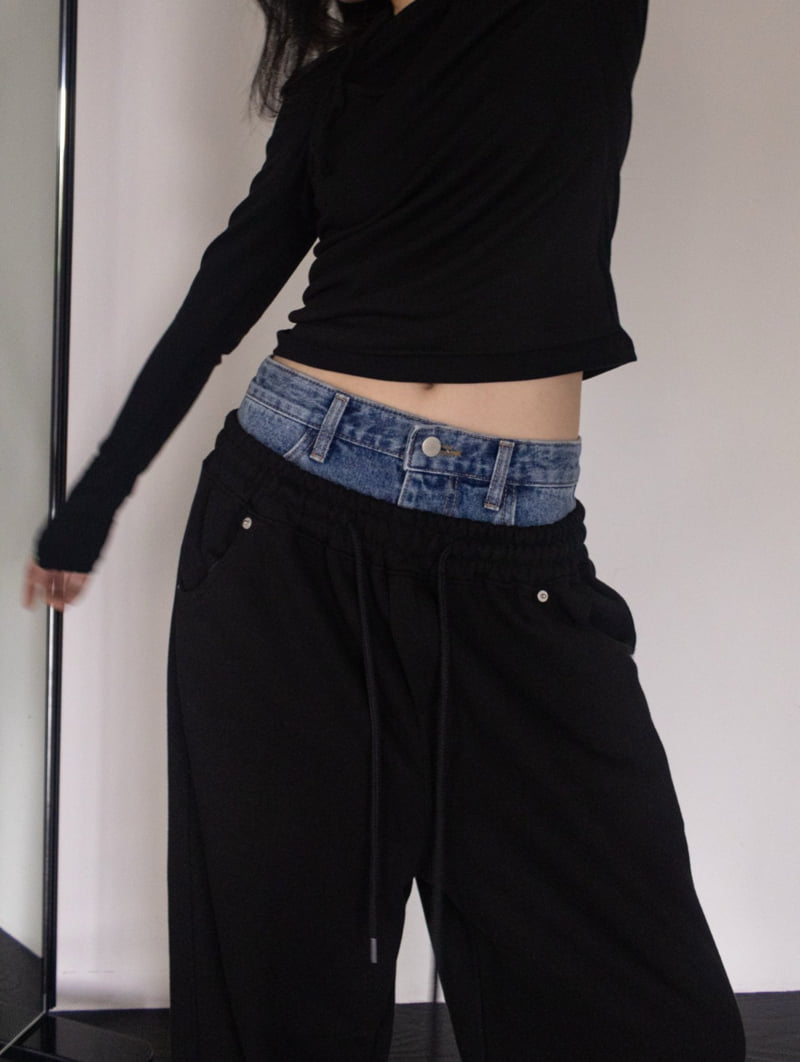 Inssense - Korean Women Fashion - #momslook - Denim Waist Layered Sweat Pants - 7