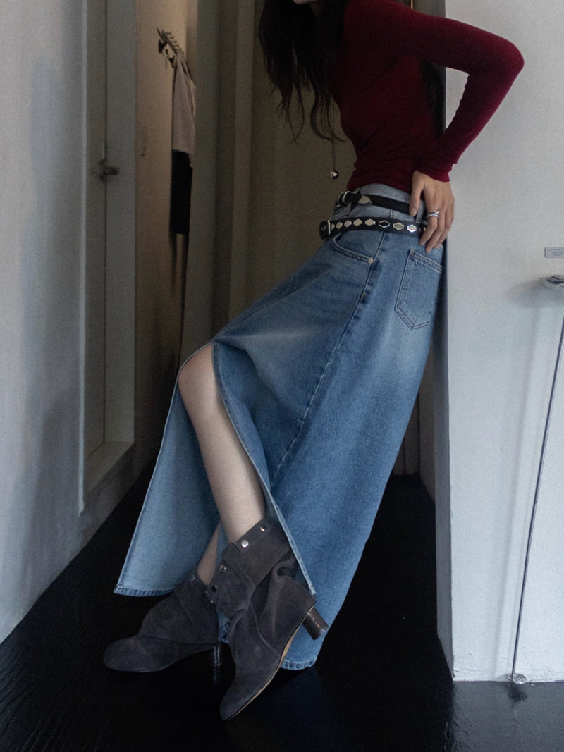 Inssense - Korean Women Fashion - #thelittlethings - Two Tone Front Slit Maxi Denim Skirt - 4
