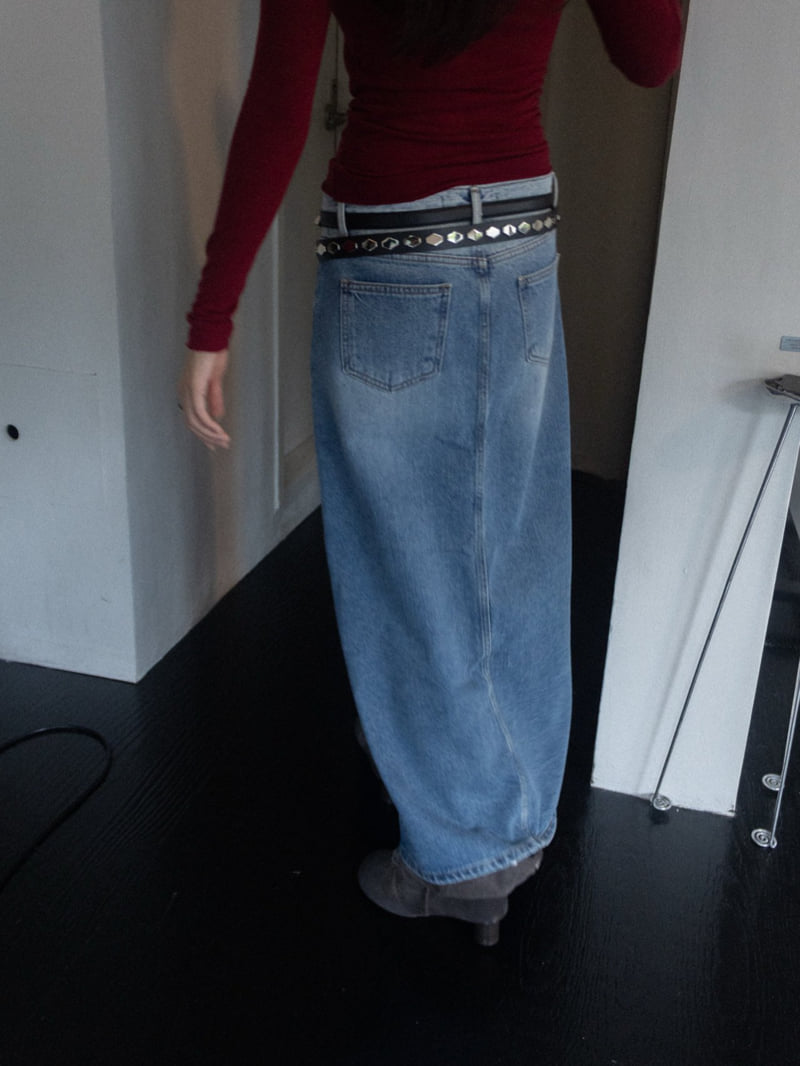 Inssense - Korean Women Fashion - #momslook - Two Tone Front Slit Maxi Denim Skirt - 6