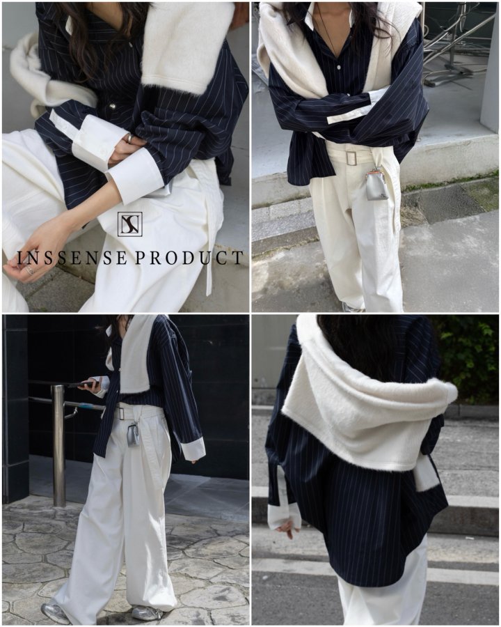 Inssense - Korean Women Fashion - #momslook - Oversized White Contrast Striped Shirt