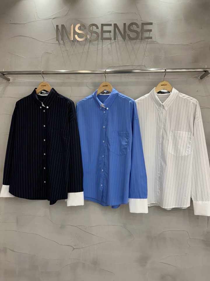Inssense - Korean Women Fashion - #momslook - Oversized White Contrast Striped Shirt - 11