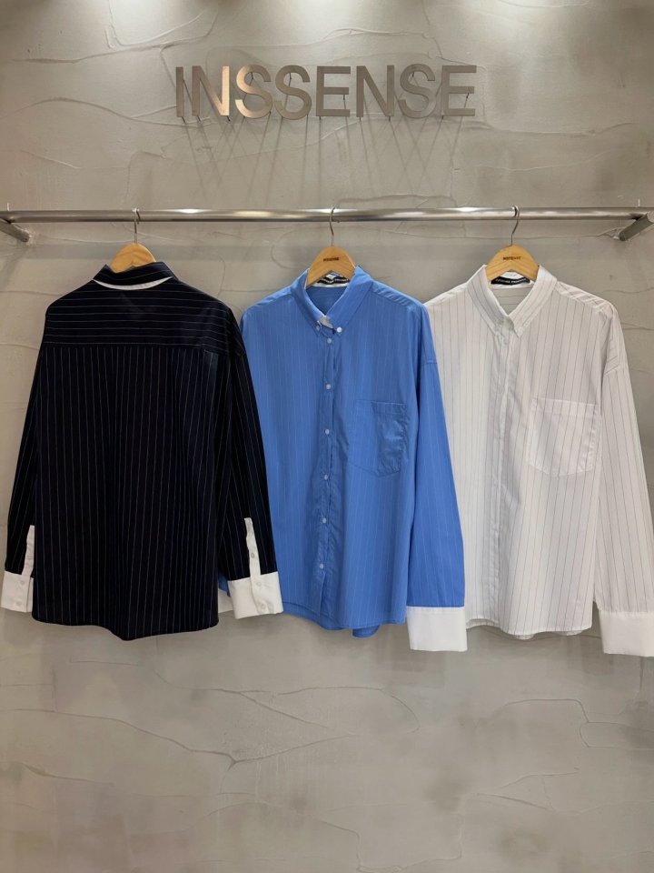 Inssense - Korean Women Fashion - #vintagekidsstyle - Oversized White Contract Striped Shirt - 4