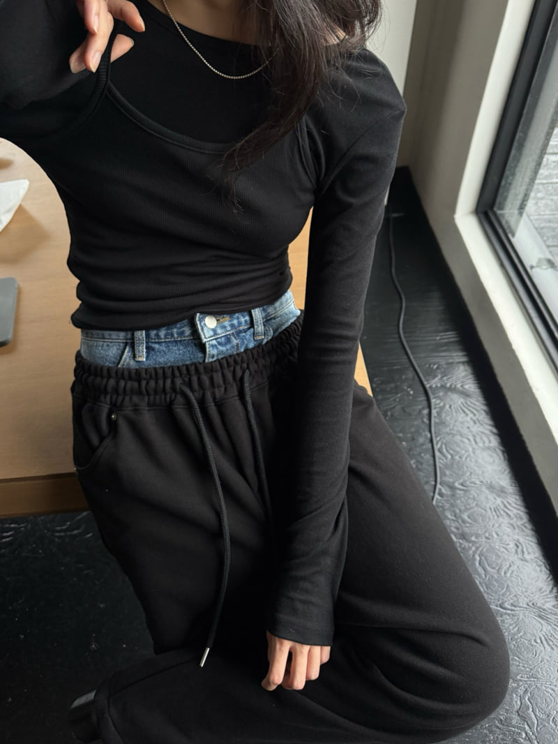 Inssense - Korean Women Fashion - #shopsmall - Denim Waist Layered Sweat Pants - 2