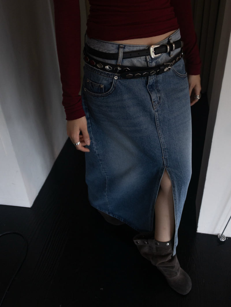 Inssense - Korean Women Fashion - #shopsmall - Two Tone Front Slit Maxi Denim Skirt