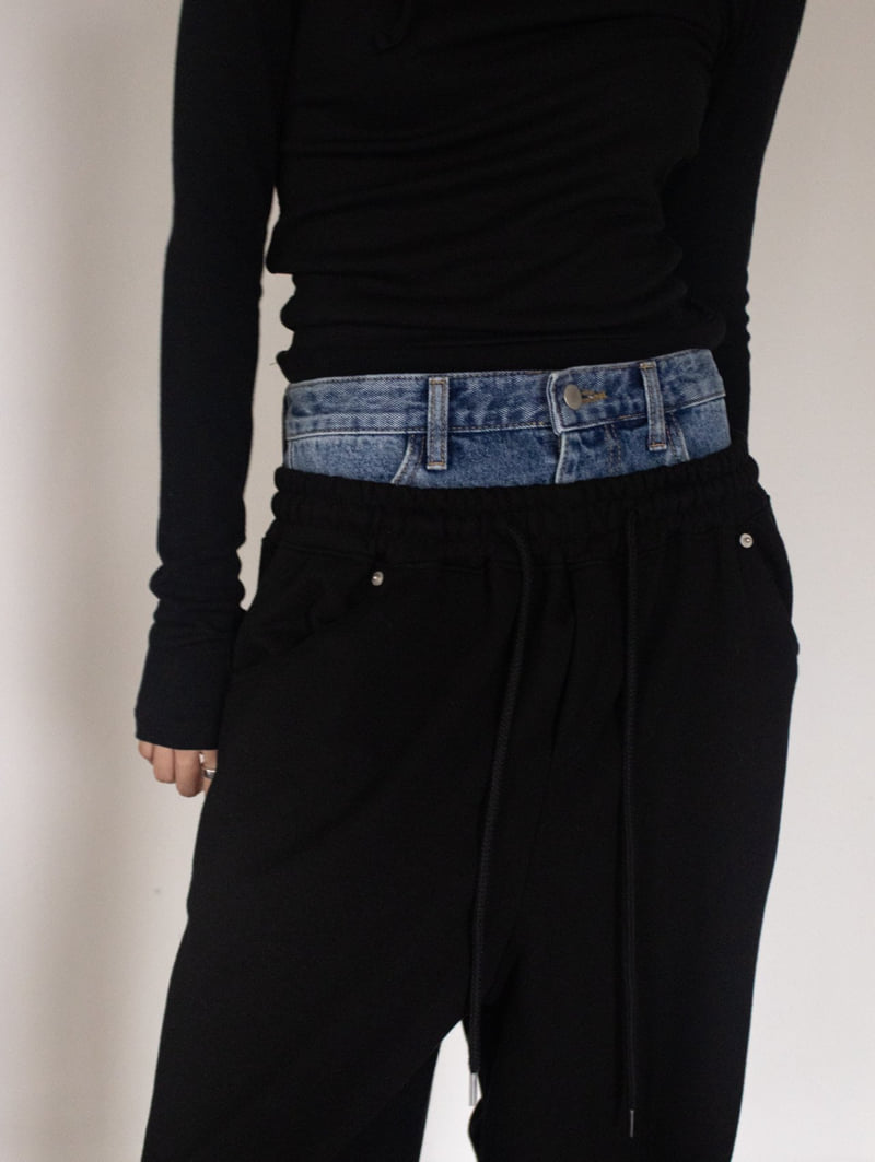 Inssense - Korean Women Fashion - #thatsdarling - Denim Waist Layered Sweat Pants - 3