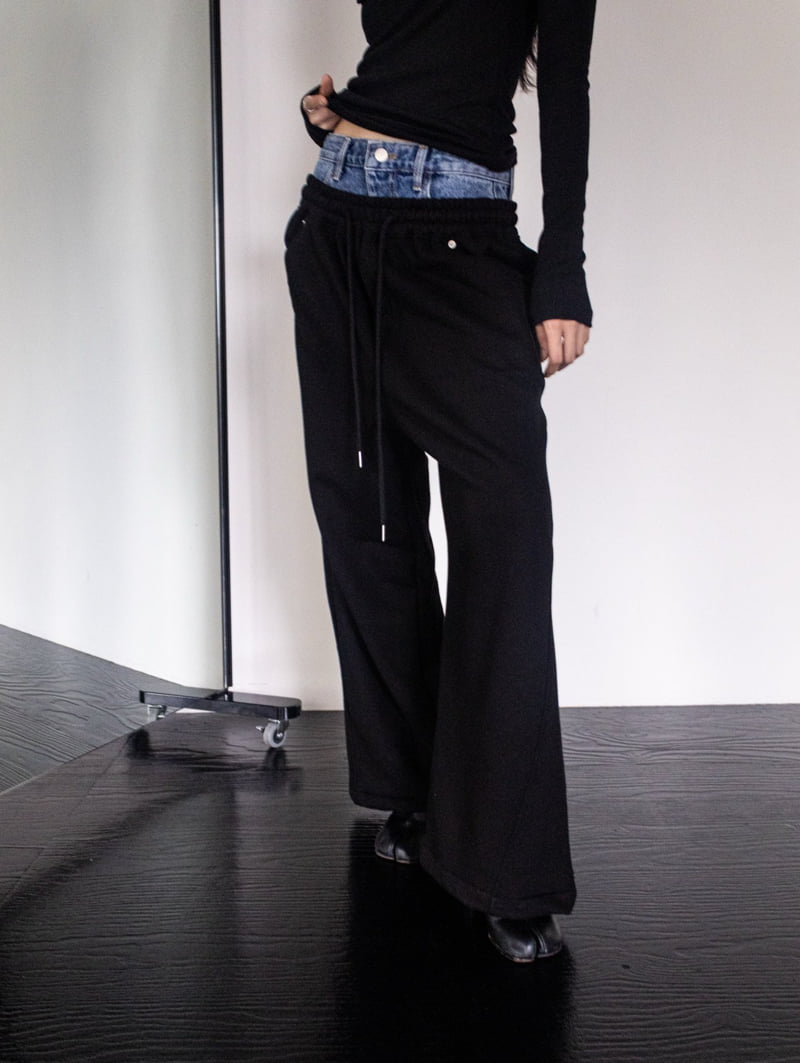 Inssense - Korean Women Fashion - #thatsdarling - Denim Waist Layered Sweat Pants - 4