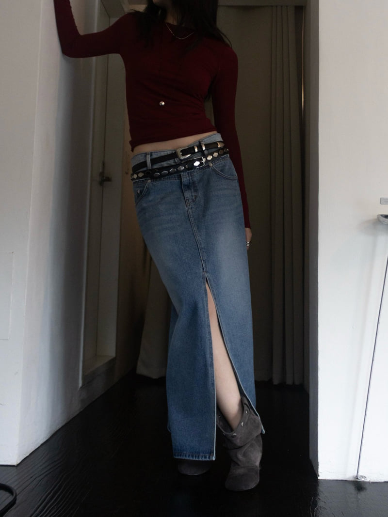 Inssense - Korean Women Fashion - #thelittlethings - Two Tone Front Slit Maxi Denim Skirt - 3