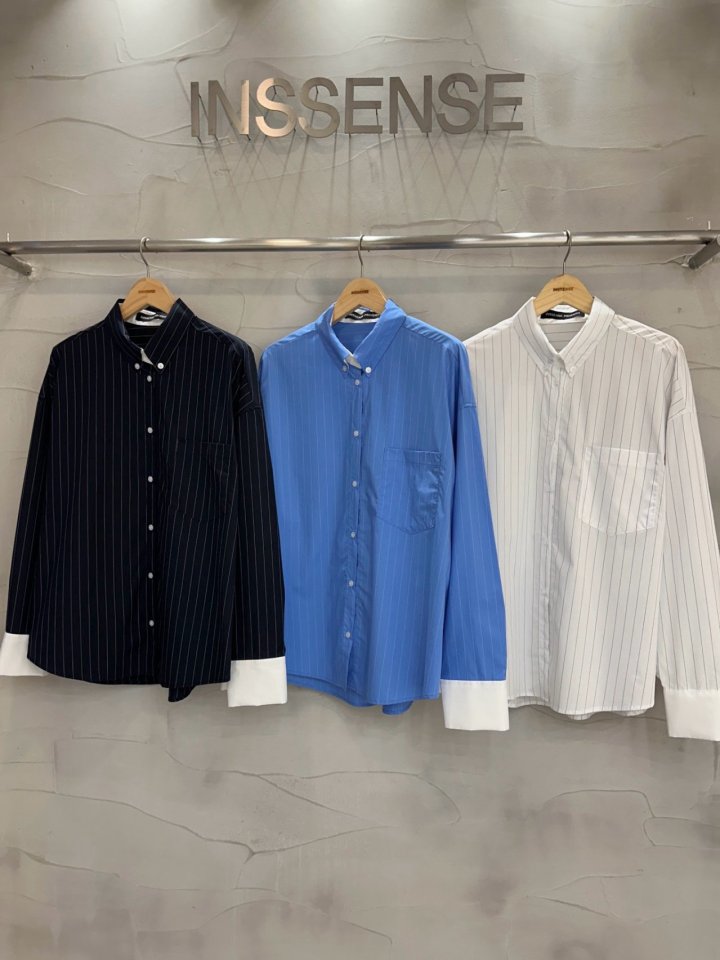 Inssense - Korean Women Fashion - #vintagekidsstyle - Oversized White Contract Striped Shirt - 3