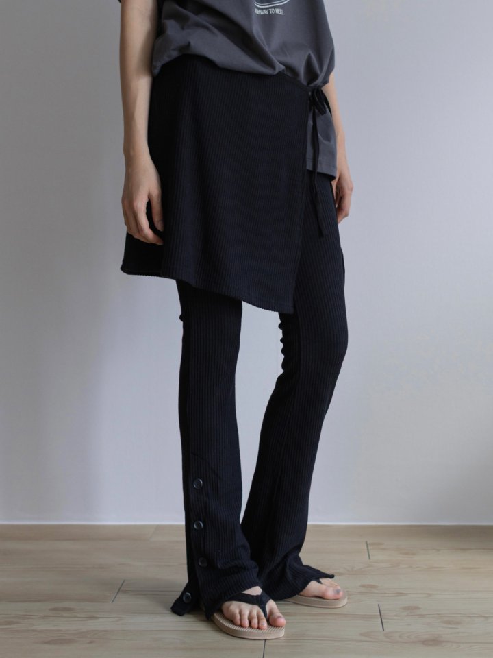 Inssense - Korean Women Fashion - #womensfashion - Wrap Layered Slim Fit Rib Banding Button Flared Trousers - 2