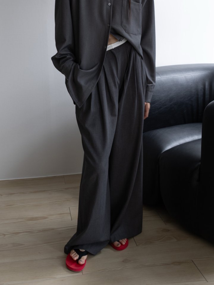 Inssense - Korean Women Fashion - #womensfashion - Slim Waist Wool Pleated Wide Trousers - 7