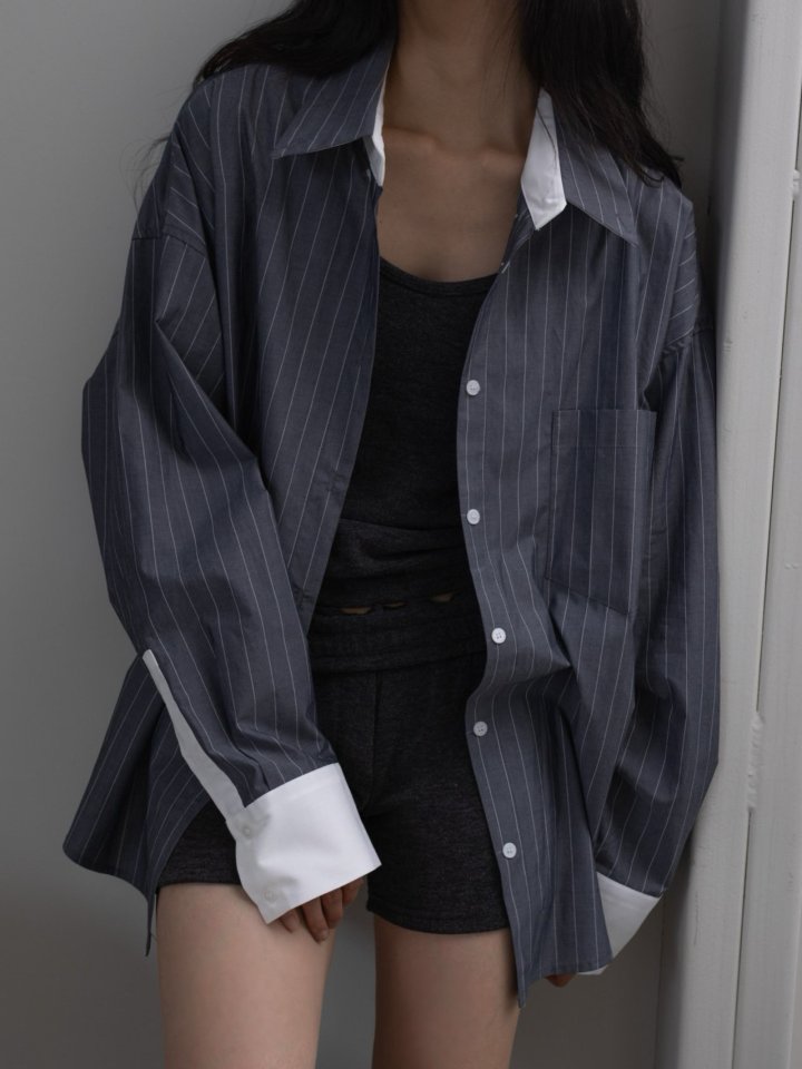 Inssense - Korean Women Fashion - #womensfashion - Oversized White Contract Striped Shirt