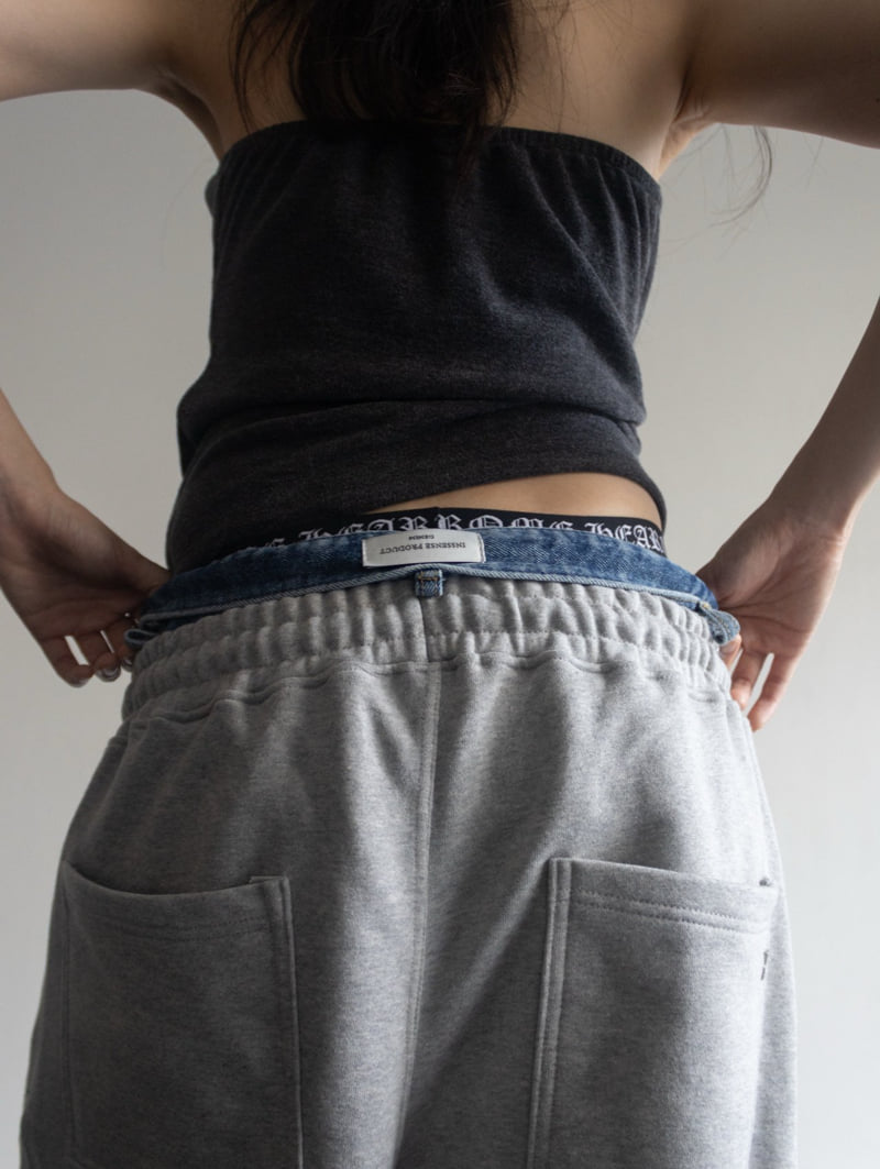Inssense - Korean Women Fashion - #womensfashion - Denim Waist Layered Sweat Pants - 3