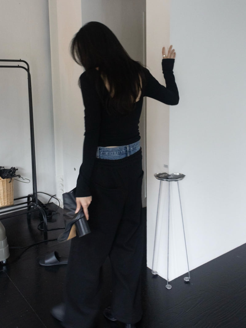 Inssense - Korean Women Fashion - #womensfashion - Denim Waist Layered Sweat Pants - 6