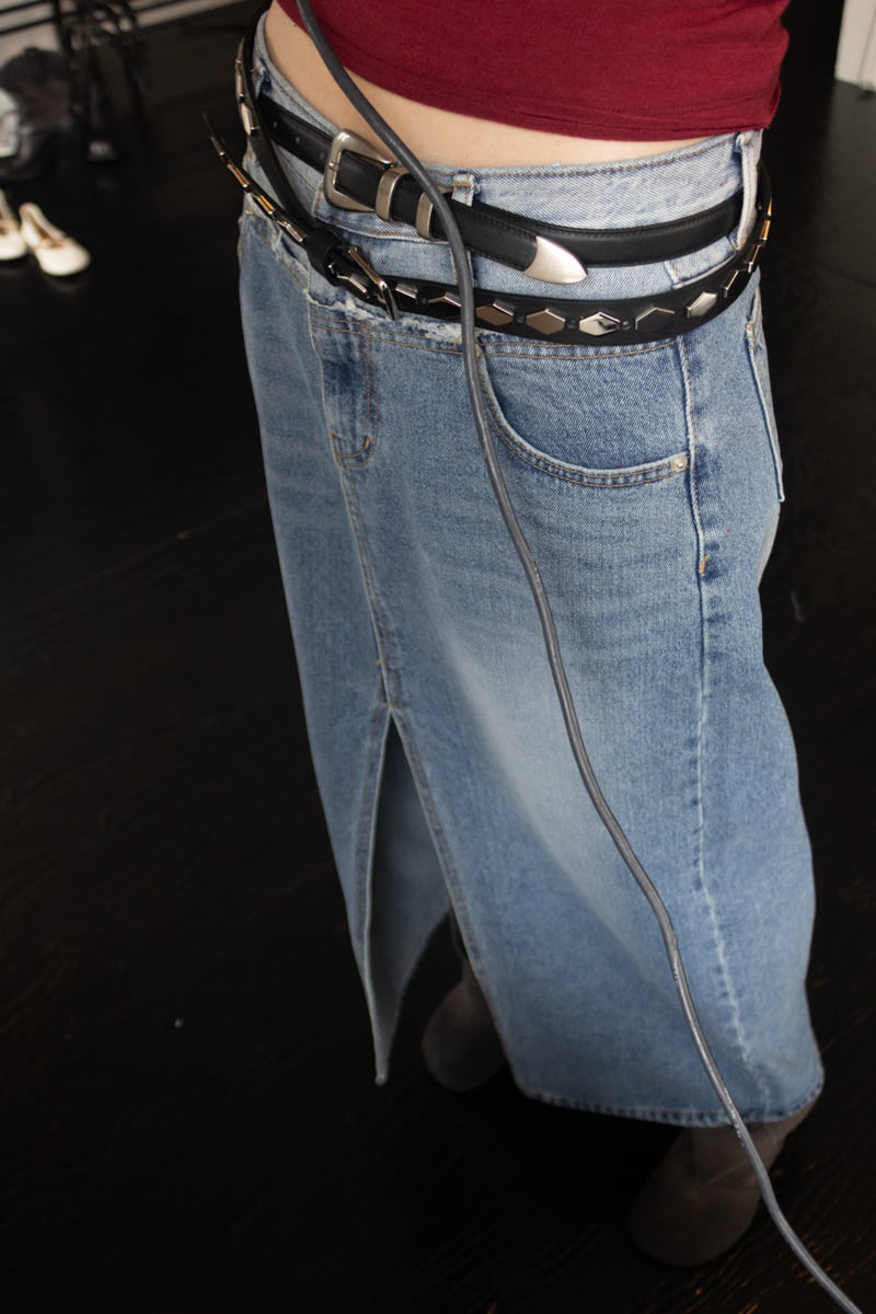 Inssense - Korean Women Fashion - #womensfashion - Two Tone Front Slit Maxi Denim Skirt - 5