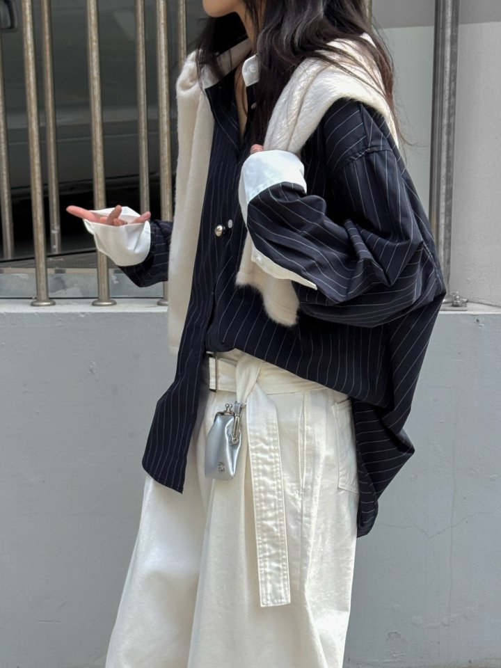 Inssense - Korean Women Fashion - #womensfashion - Oversized White Contrast Striped Shirt - 10