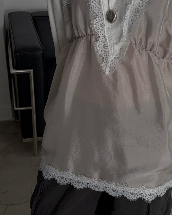 Jade Market - Korean Women Fashion - #momslook - Deep V-neck Lace Layered Tee - 5