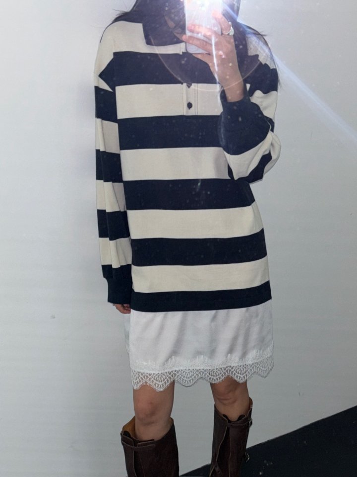 Jade Market - Korean Women Fashion - #momslook - Stripe Lace Long Tee - 3