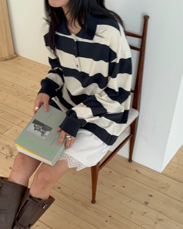 Jade Market - Korean Women Fashion - #momslook - Stripe Lace Long Tee - 5