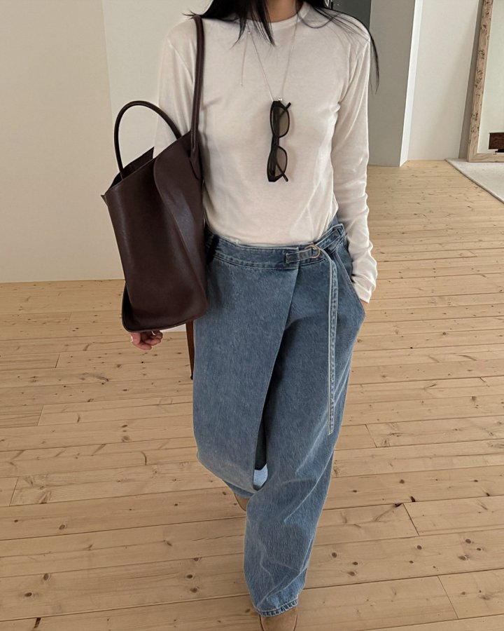 Jade Market - Korean Women Fashion - #momslook - Shadow Diagonal Denim Pants - 9
