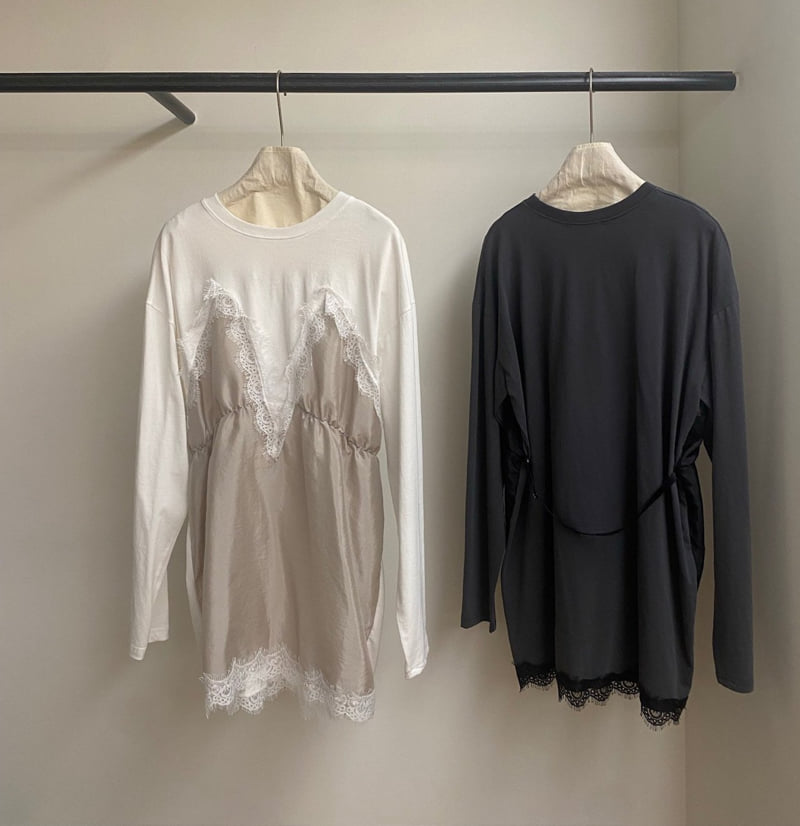 Jade Market - Korean Women Fashion - #womensfashion - Deep V-neck Lace Layered Tee - 12