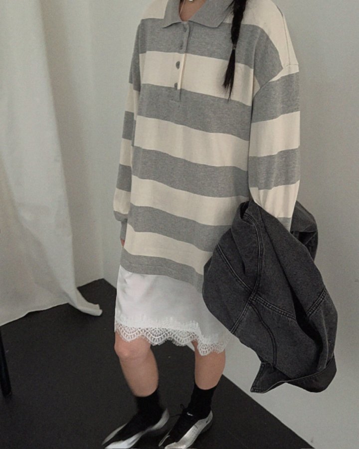 Jade Market - Korean Women Fashion - #womensfashion - Stripe Lace Long Tee - 10