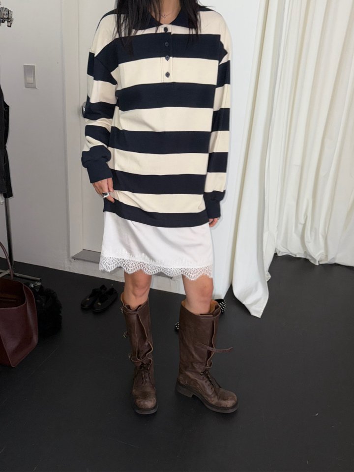 Jade Market - Korean Women Fashion - #womensfashion - Stripe Lace Long Tee - 2