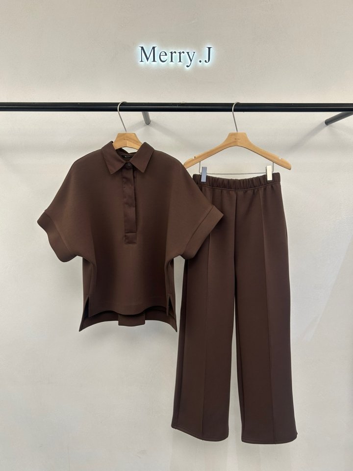 Merry J - Korean Women Fashion - #womensfashion - Cushion Collar Top Bottom Set - 2